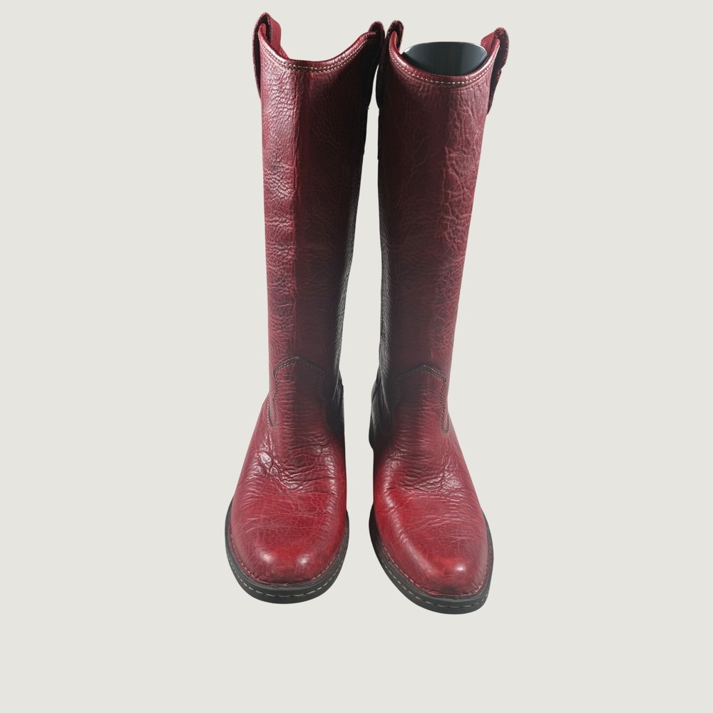 Born Womens Red Leather Tall Pull On Boots Round Toe Lug Sole Size 8.5 W0728 E5
